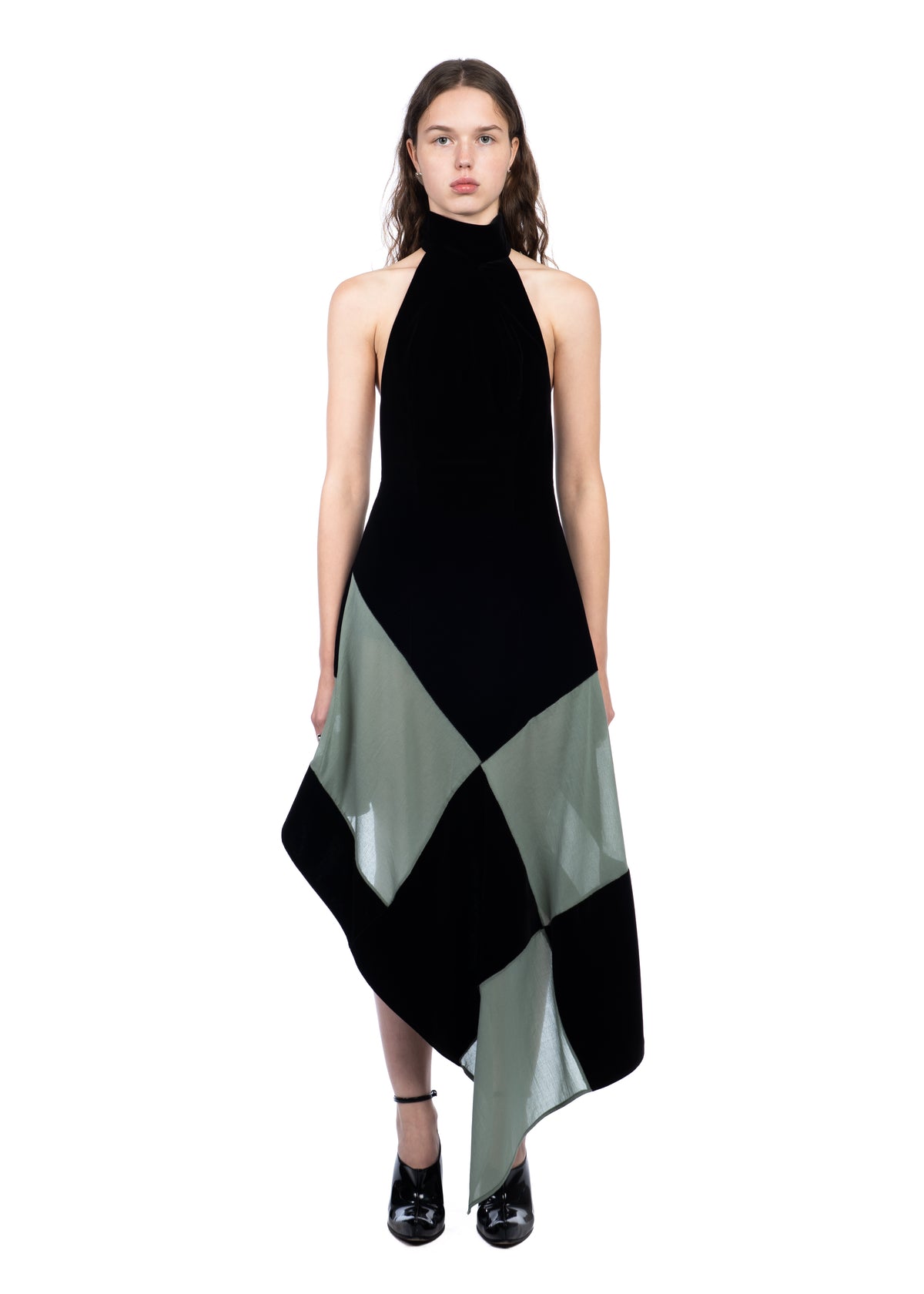 Asymmetric Checked Velvet Dress