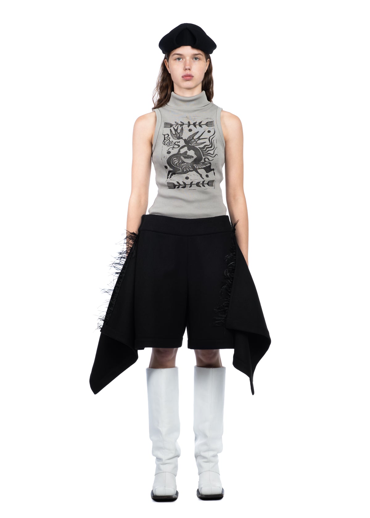 Draped Wool Shorts with Feathers