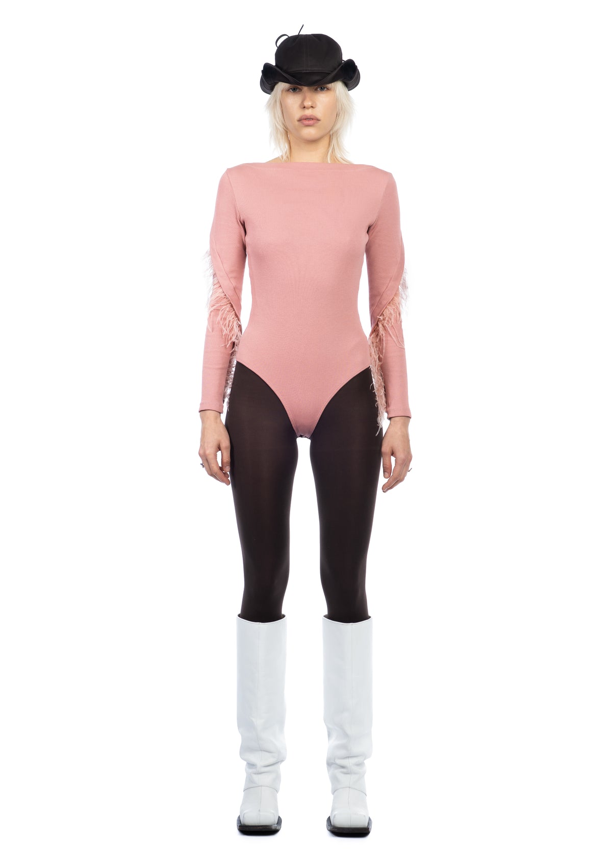 Pink Bodysuit with Detachable Feathers