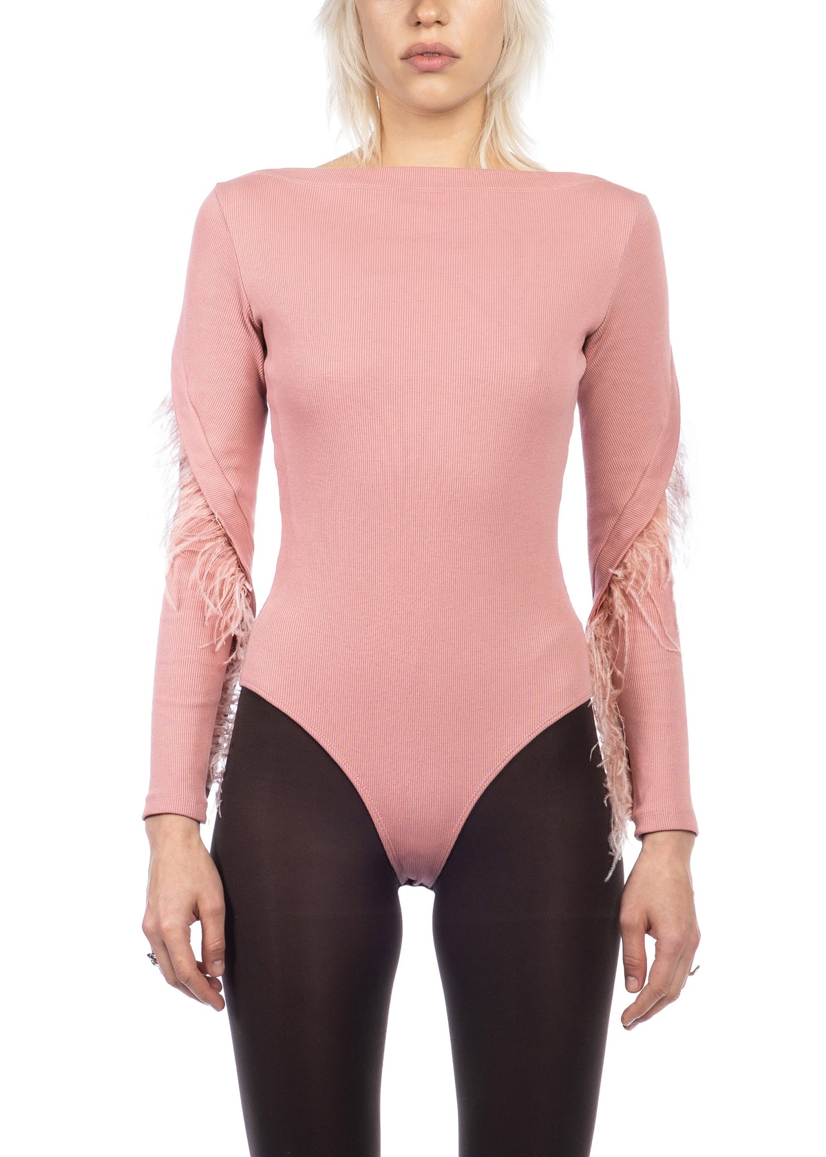 Pink Bodysuit with Detachable Feathers
