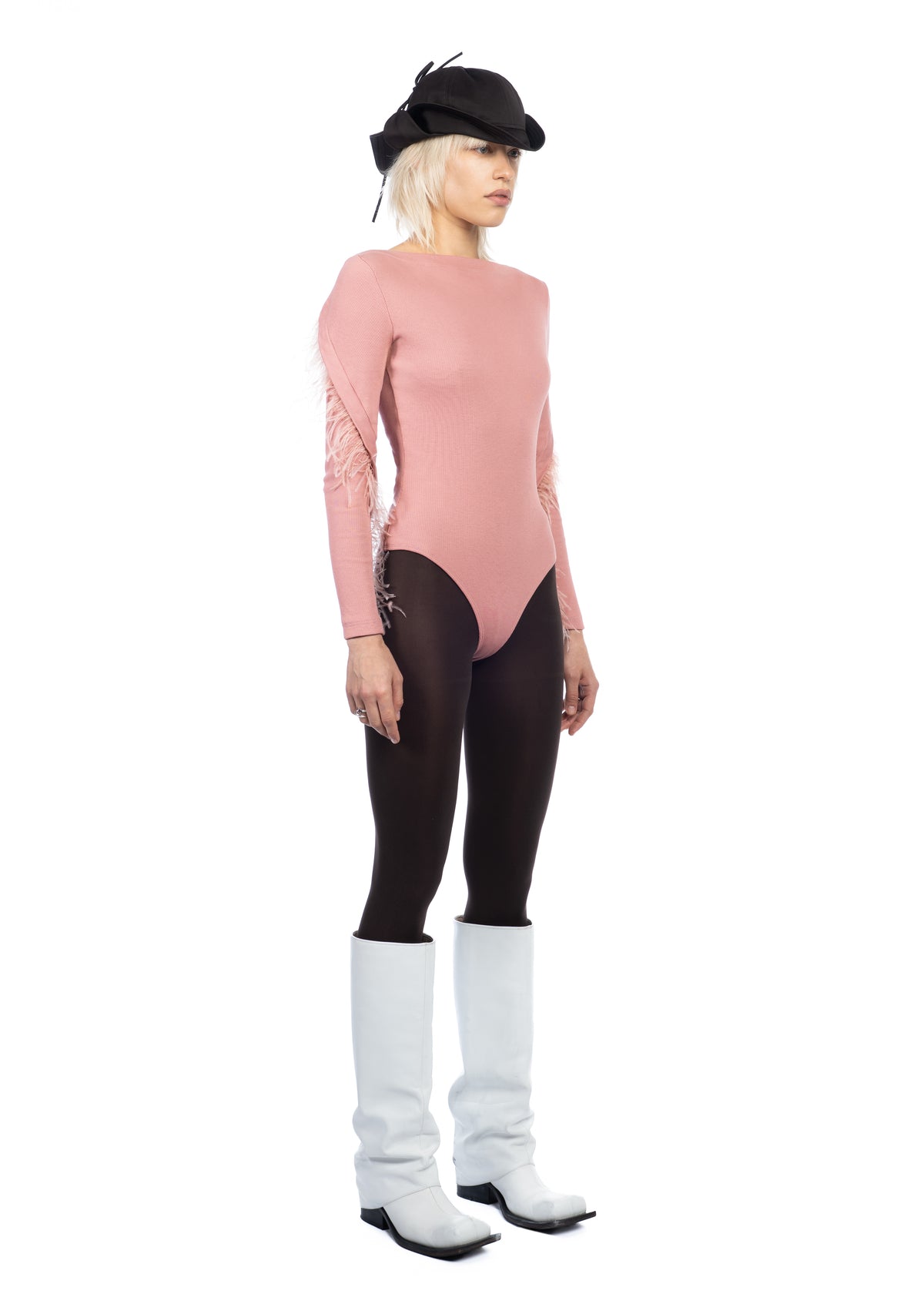 Pink Bodysuit with Detachable Feathers