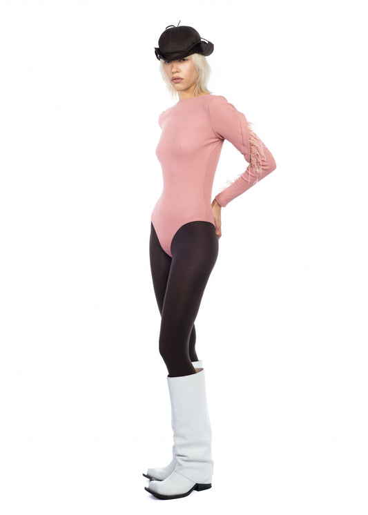 Pink Bodysuit with Detachable Feathers