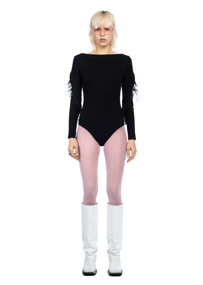 Black Bodysuit with Detachable Feathers