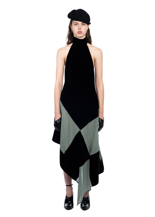 Asymmetric Checked Velvet Dress