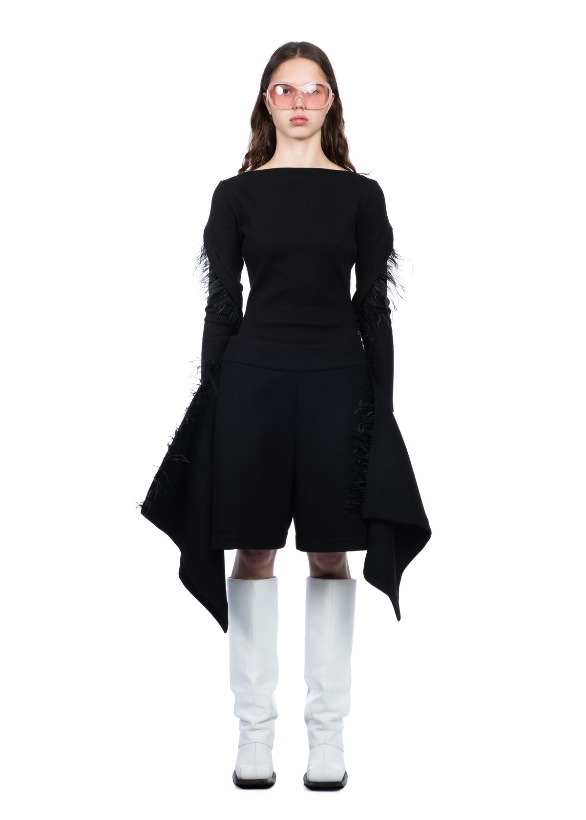 Draped Wool Shorts with Feathers