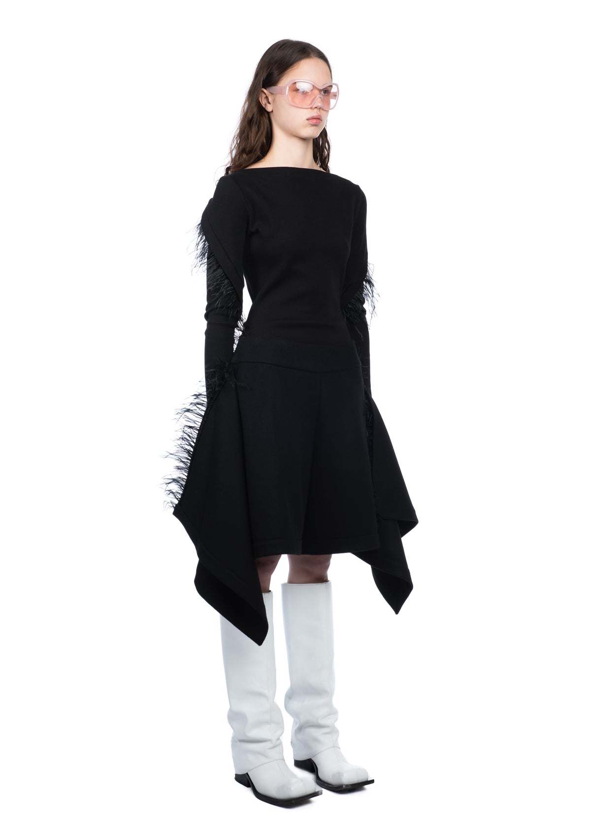 Draped Wool Shorts with Feathers