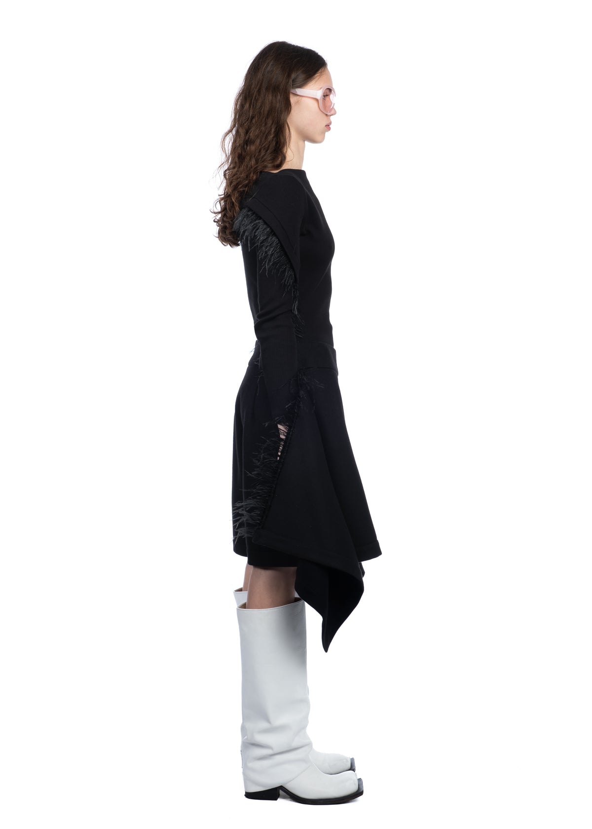 Draped Wool Shorts with Feathers