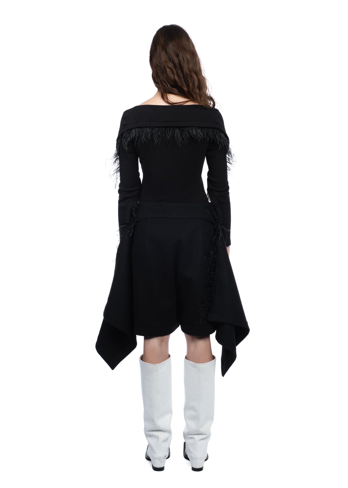 Draped Wool Shorts with Feathers