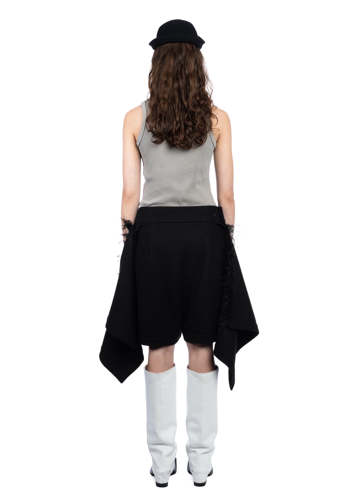 Draped Wool Shorts with Feathers