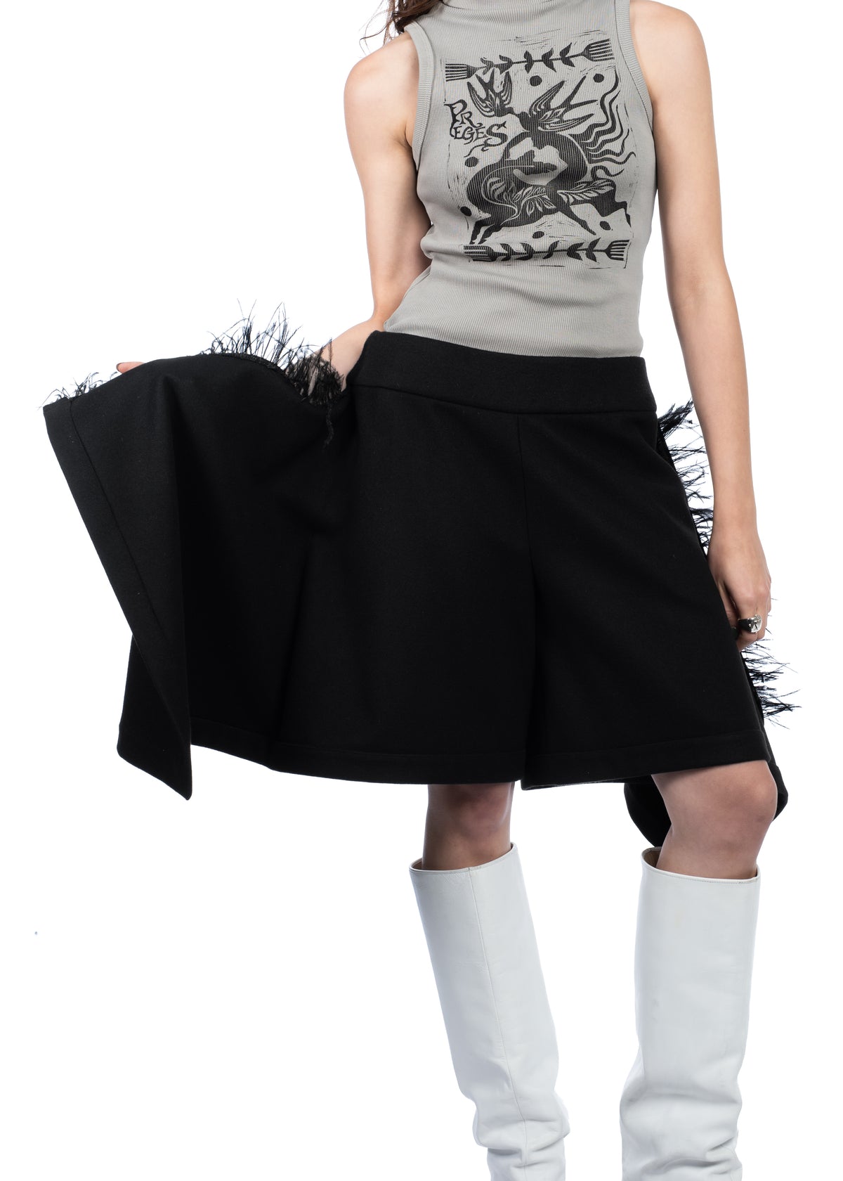 Draped Wool Shorts with Feathers